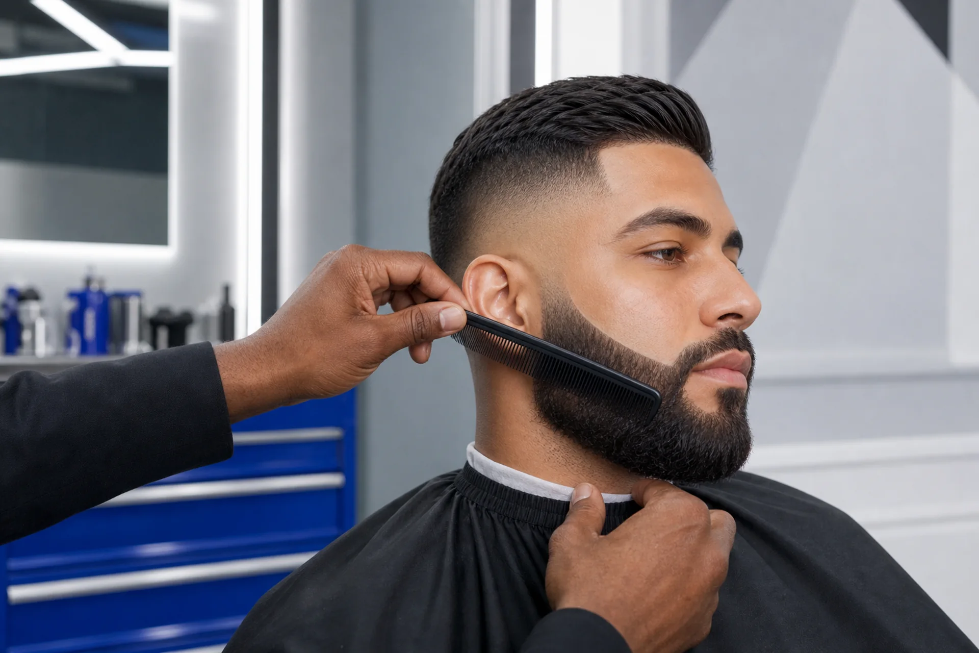 Comb-finished fade in a steel-blue barbershop