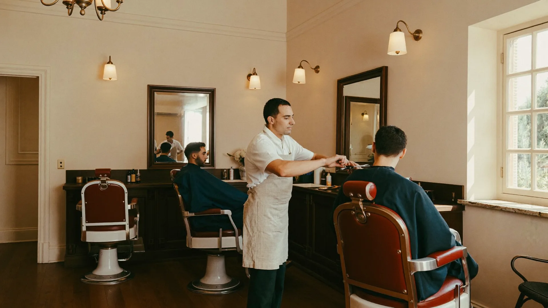 Warm daylight barbería with oxblood leather chairs, brass lamps and a barber at work