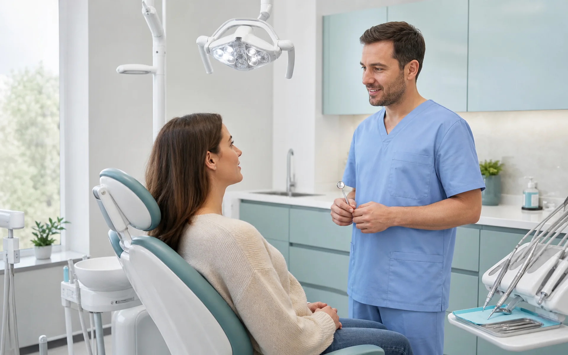Dentist talking a patient through a check-up in a calm surgery
