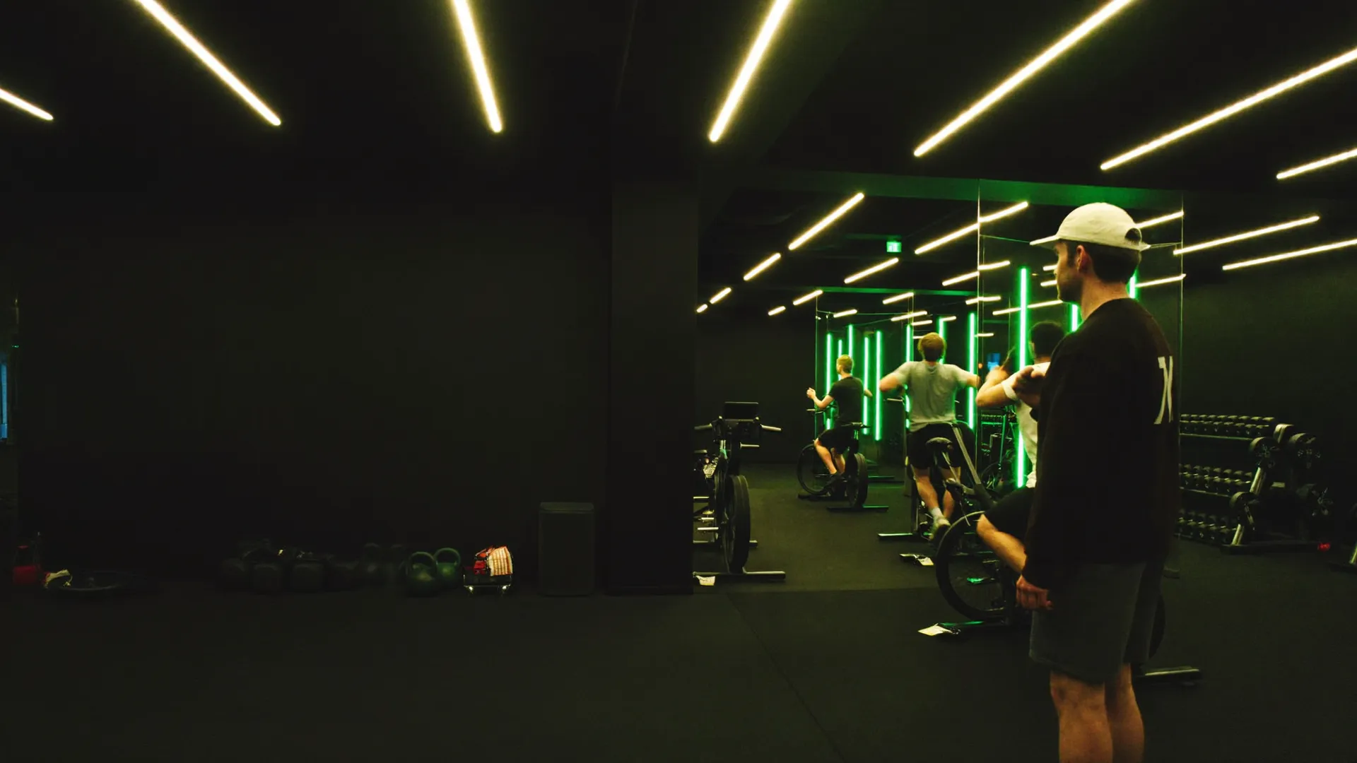 Spin studio in the dark under green neon light