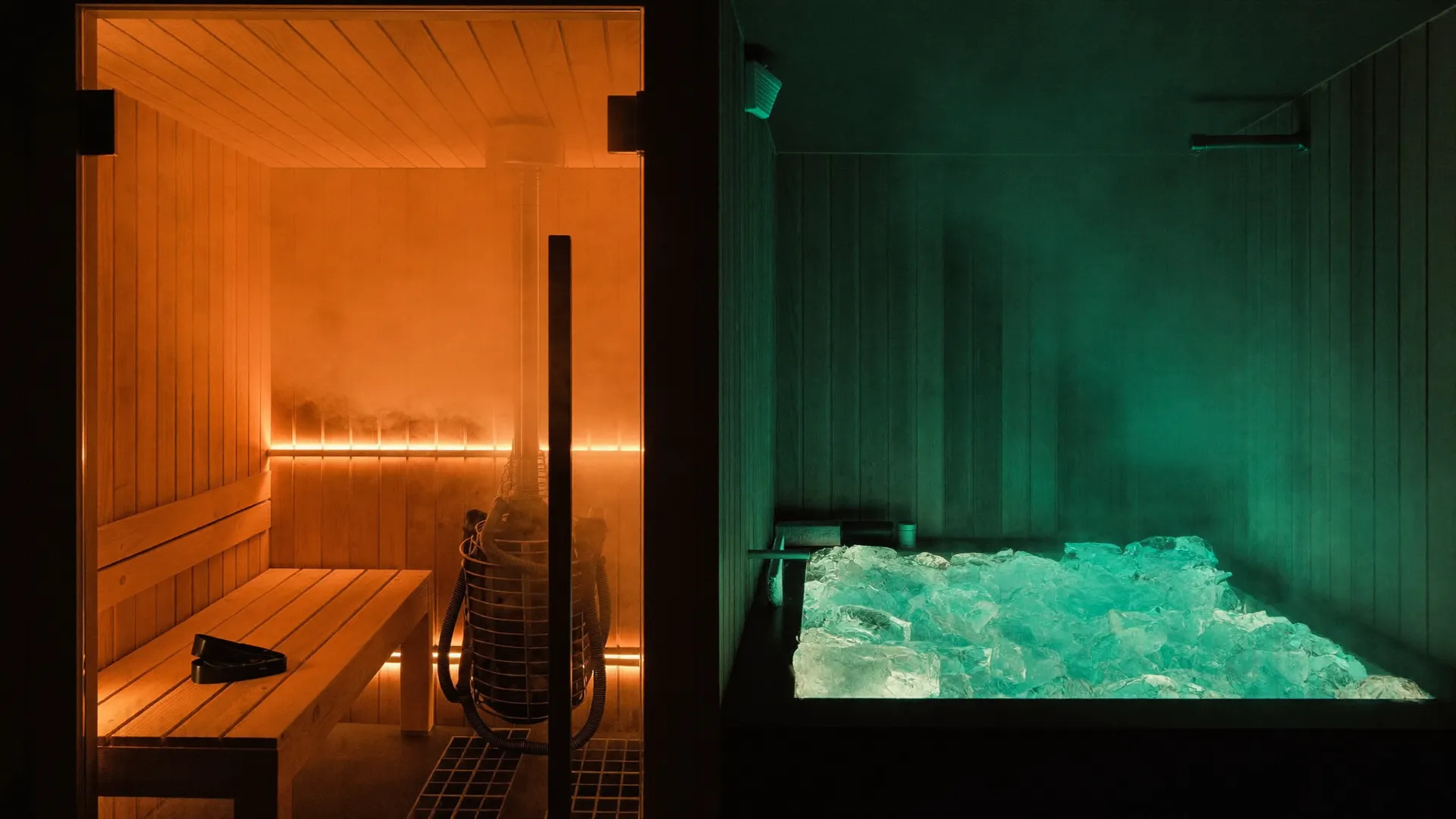 Amber sauna beside an ice bath glowing teal