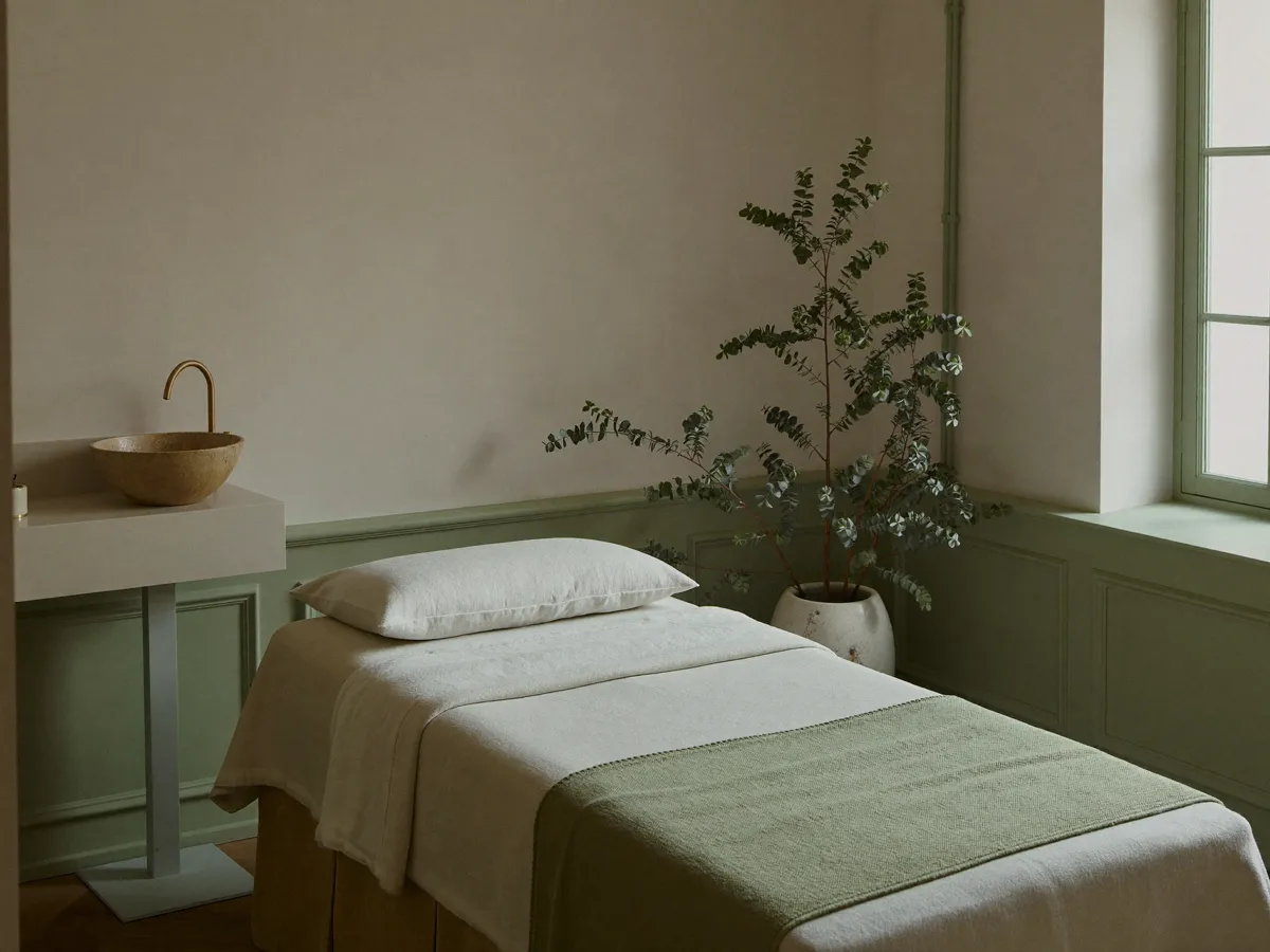Eucalyptus treatment room with stone basin