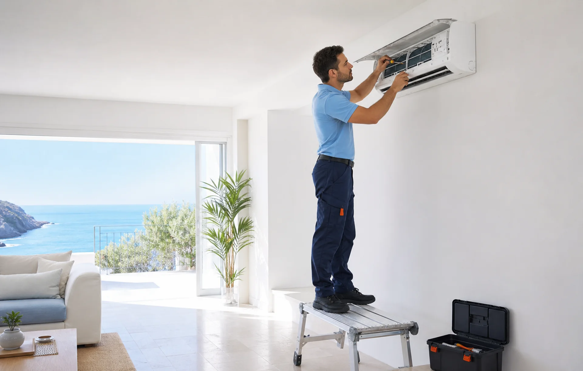 Technician servicing a wall air-conditioning unit in a bright villa with a sea view