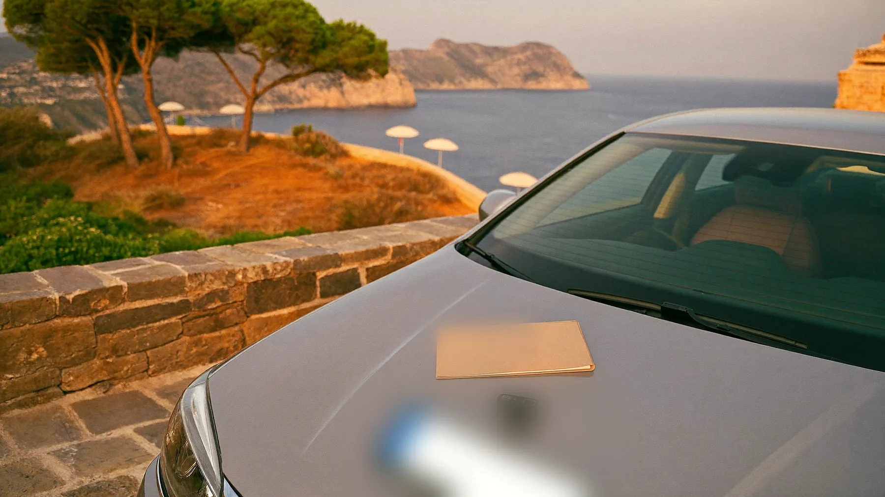 Manila document folder resting on a car bonnet above the Mediterranean coast