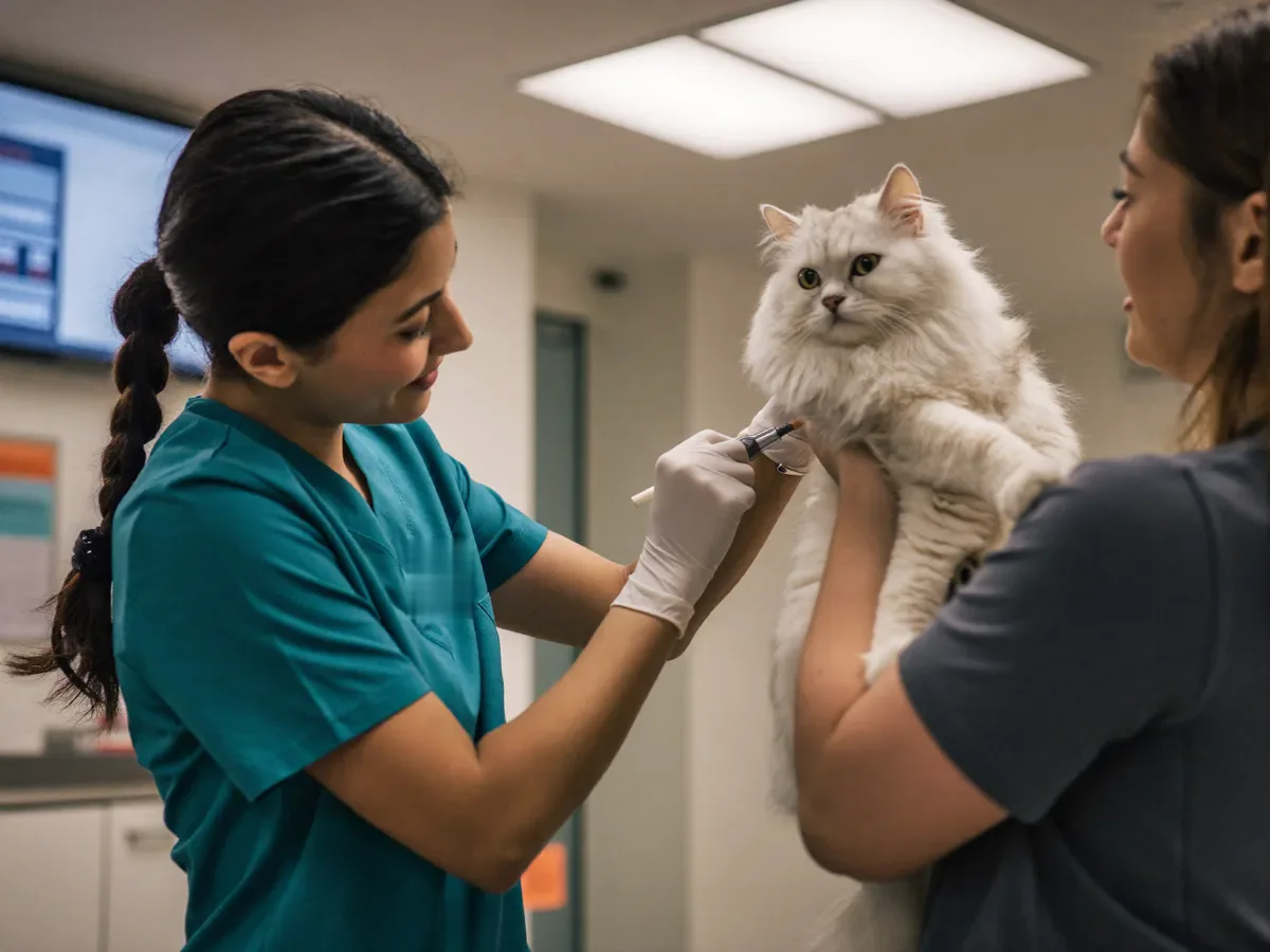Vet nurse vaccinating a white Persian cat held by its owner